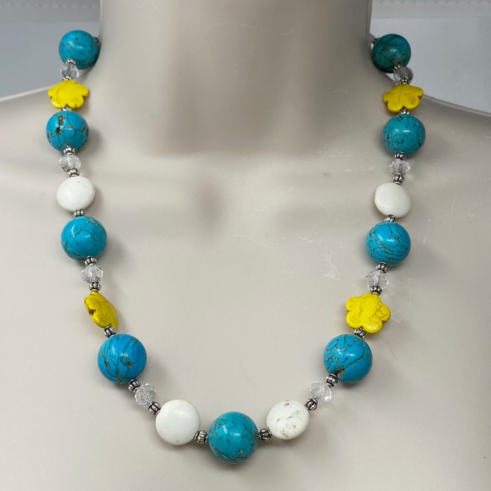 Handmade Necklace Turquoise White and Yellow Magnesite Stone Beads Clear Glass